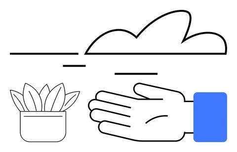 Outlined Hand Reaching Towards a Cloud and a Plant on a White Background Stock Illustration