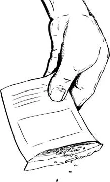 Outlined hand shaking out seeds over white Stock Illustration
