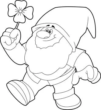 Outlined Happy Gnome Or Dwarf Cartoon Character With Four Leaf Clover Stock Illustration