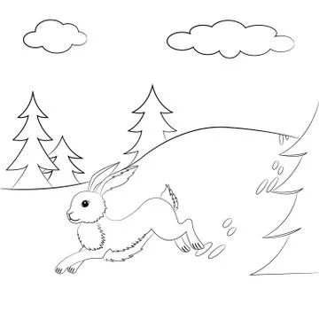 Outlined hare running in the forest. Illustrazione stock