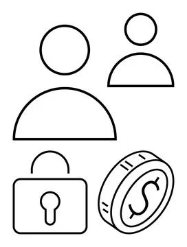Outlined human figures, secure lock, and coin with a dollar sign. Ideal for f 스톡 일러스트