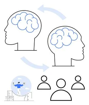 Outlined human heads with brains connected by arrows showing idea sharing. In Stock Illustration