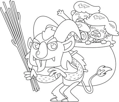 Outlined Krampus Or Christmas Devil Wearing Basket Backpack Full With Kids Stock Illustration