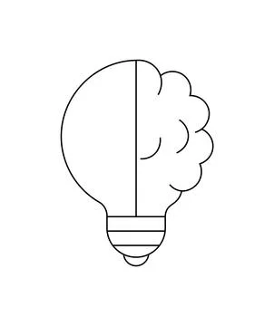 Outlined light bulb with brain a cloud filling, symbolizing innovation, creat Stock Illustration