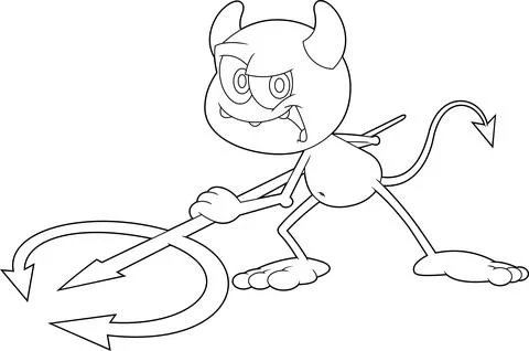Outlined Little Devil Cartoon Character With Pitchfork Stock Illustration