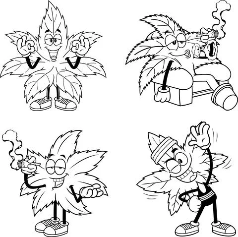 Outlined Marijuana Leaf Cartoon Characters. Vector Hand Drawn Collection Set Stock Illustration
