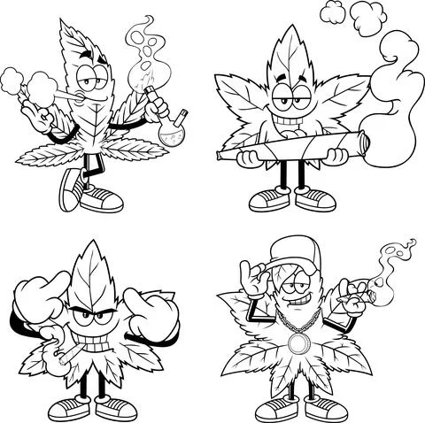 Outlined Marijuana Leaf Cartoon Characters. Vector Hand Drawn Collection Set Illustrazione stock