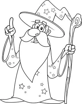 Outlined Old Wizard Cartoon Character With A Cane Pointing Stock Illustration
