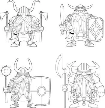 Outlined Outlined Warrior Cartoon Characters. Vector Hand Drawn Collection Set Stock Illustration