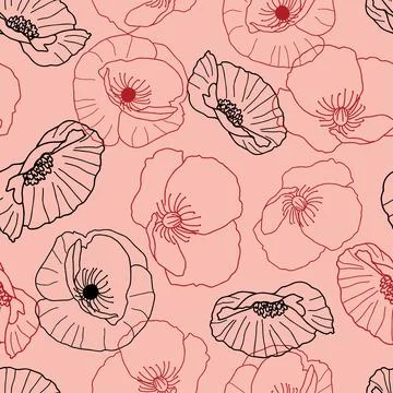 Outlined Poppy flowers seamless pattern on pink background Stock Illustration
