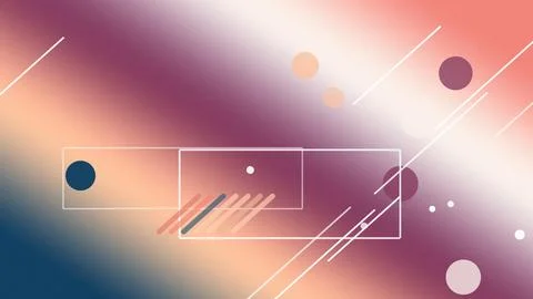 Outlined rectangles and soft circles drift across a warm purple-to-orange g.. Stock Illustration