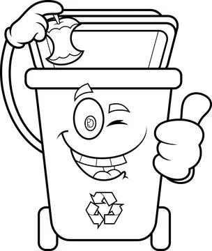 Outlined Recycle Trash Bin Character Throws Apple Stump And Giving The Thumbs Up Illustrazione stock