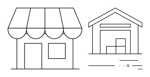 Outlined retail store with awning next to a warehouse with stacked boxes. Ide Ilustración de archivo