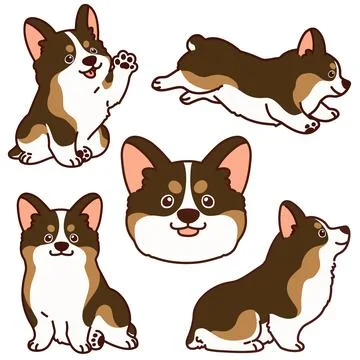 Outlined sable colored Corgi illustrations set Stock Illustration