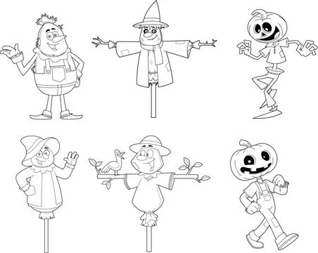 Outlined Scarecrow Cartoon Characters. Vector Hand Drawn Collection Set 스톡 일러스트