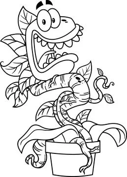 Outlined Scared Evil Carnivorous Plant Cartoon Character Stock Illustration
