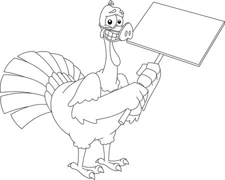 Outlined Scared Turkey Cartoon Characters Masked As A Pig Holds A Sign Illustrazione stock