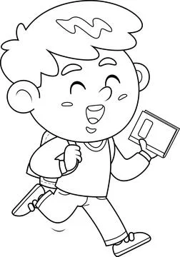 Outlined School Boy Character Goes To School With A Backpack And A Textbook Illustrazione stock