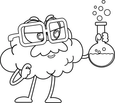 Outlined Scientist Or Professor Brain Cartoon Character Holding A Flask Stock Illustration