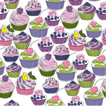 Outlined seamless pattern with cupcakes Stock Illustration