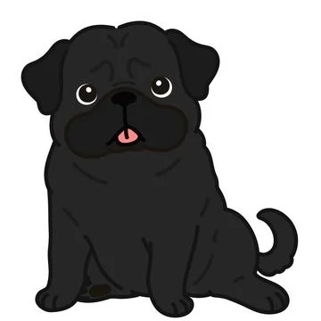 Outlined simple and cute black pug sitting in front view Stock Illustration