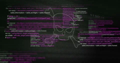 Outlined skull anchoring dark cyber start, sliding code and magenta HUD rising, Stock Footage 331161255