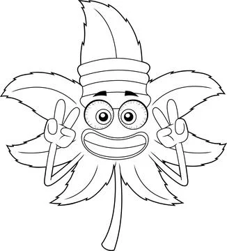Outlined Smiling Marijuana Leaf Cartoon Character Showing Peace Hand Sign 스톡 일러스트