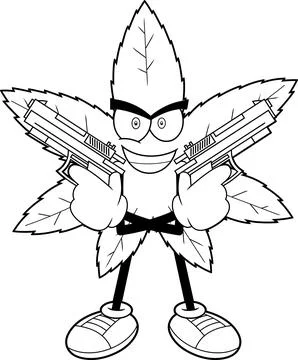 Outlined Smiling Marijuana Leaf Cartoon Character With Two Guns Stock-Illustration