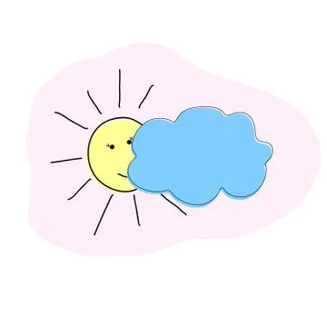 Outlined Smiling Sun Behind Cloud Cartoon Character Stock Illustration