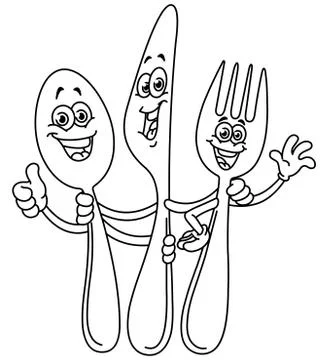 Outlined spoon knife and fork cartoon Stock Illustration