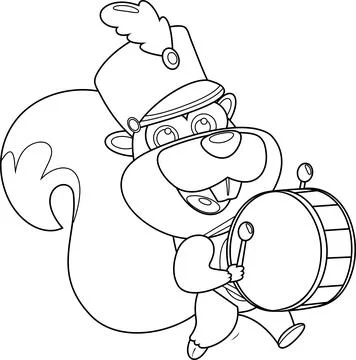 Outlined Squirrel Drummer Character With Drum And Drumsticks Walking On Parade Illustrazione stock