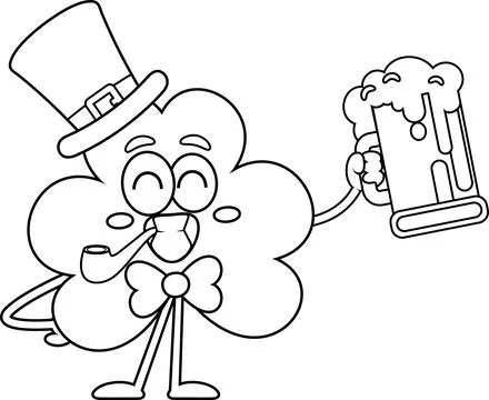 Outlined St. Patrick's Clover Leaf Character With Pipe Holding Mug Of Beer Stock Illustration