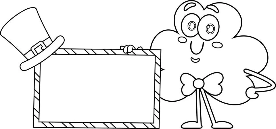 Outlined St. Patrick's Clover Leaf Cartoon Character Holding A Blank Sign Stock Illustration