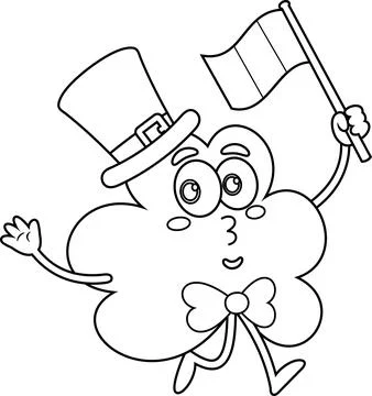 Outlined St. Patrick's Clover Leaf Cartoon Character Running With A Flag Stock Illustration