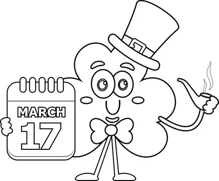 Outlined St. Patrick's Clover Leaf Cartoon Character Holding Calendar And Pipe Stock Illustration