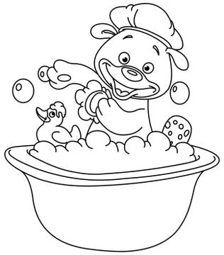Outlined teddy bear taking a bath Illustrazione stock