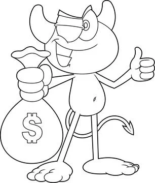 Outlined Winking Little Devil Cartoon Character Holding A Money Bag Illustrazione stock