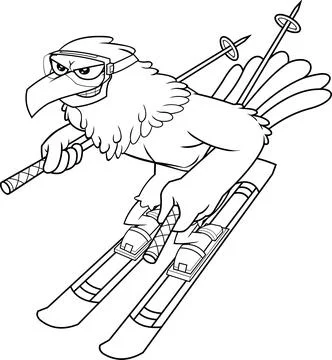 Outlined Winter Hawk Bird Cute Cartoon Character With Skis And Poles Goes Down Stock Illustration