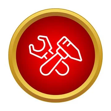 Outlined wrench and hammer inside a red circular frame Illustration
