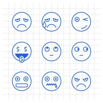 Outlines emoticons sad crying winks cash angry shy mouth to lock. Funny stick Stock-Illustration