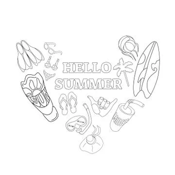 Outlines of isolated summer elements on a white background . Vector illustration Stock Illustration