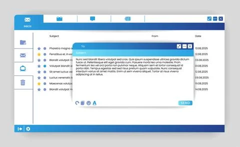 Outlook mail. Inbox email interface. Computer UI window. Internet application Illustrazione stock