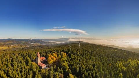 Outlook tower in Cerna Studnice, aerial shot Stock Photos