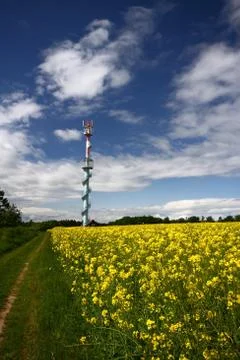 Outlook tower by the rape field Stock Photos