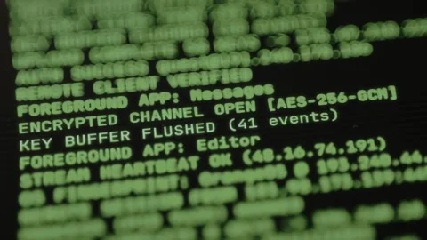 Output logs regarding a secure network connection, secure remote access session Stock Footage 327898249
