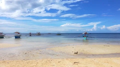 Outrigger Boats at Empty Sandy Punta Ballo Beach, Negros island, Philippines Stock Footage 337241710