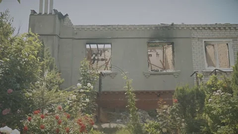 Outside and inside view of a house destroyed during the war Stock Footage 201245273
