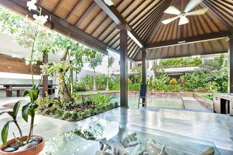 Outside area like veranda in front of a pool Stock Photos