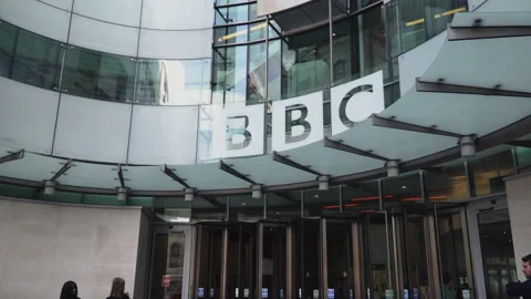 The outside of a BBC building in central London Stock Footage 146813848