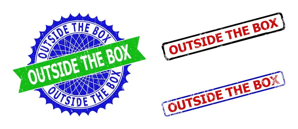OUTSIDE THE BOX Rosette and Rectangle Bicolor Seals with Unclean Surfaces Stock Illustration